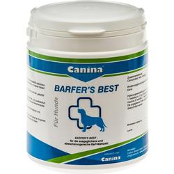 Große weiße Dose mit blauem Streifen und der Aufschrift "Barfer's Best" für Hunde.