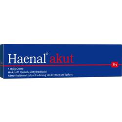 Eine blaue Packung mit Haenal akut Creme zur Linderung von Hämorrhoidenschmerzen.
