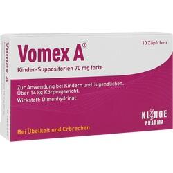 Eine Packung Vomex A Zäpfchen gegen Übelkeit bei Kindern ab 14 kg Körpergewicht.