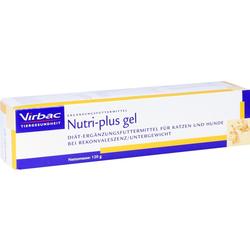 Eine weiße Packung mit Nutri-plus Gel, ein Futterergänzungsmittel für Katzen und Hunde.