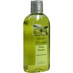Grüne Shampooflasche mit Olivenöl für Glanz und Vitalität.