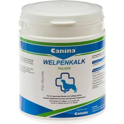 Eine Dose mit Welpenkalk-Pulver für Hunde zur Unterstützung von Knochen und Zähnen.