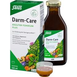 Braune Flasche und Verpackung mit der Aufschrift "Darm-Care Kräuter-Tonikum Plus".