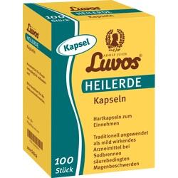 Gelbe Packung mit Luvos Heilerde-Kapseln, 100 Stück.