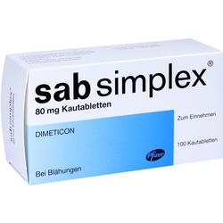 Weiße Packung Sab Simplex Kautabletten gegen Blähungen.