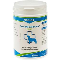 Weiße Dose mit der Aufschrift "Calcium Carbonat Pulver" für Hunde.