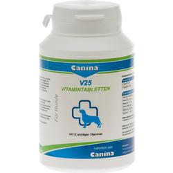 Weiße Dose mit Vitamintabletten für Hunde, Beschriftung in Blau und Grün.