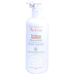 Weiße Flasche mit Pumpe, Aufschrift sagt "Avène TriXera Nutrition Balsam".