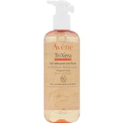 Durchsichtige Flasche mit Pumpe, gefüllt mit Avene Reinigungsgel für Gesicht und Körper.